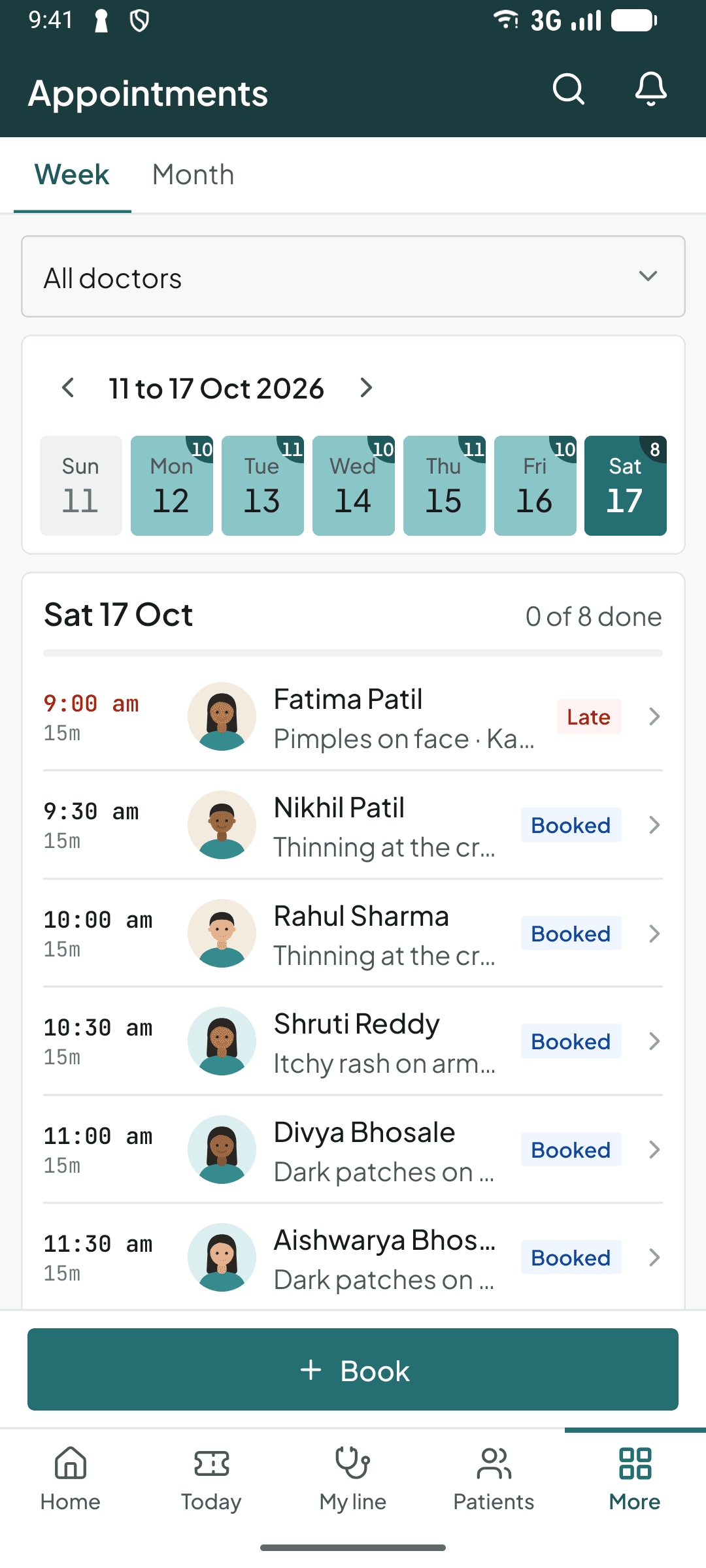Appointments in the Curogrid Derma phone app: a week strip with the number booked each day, and the day's bookings