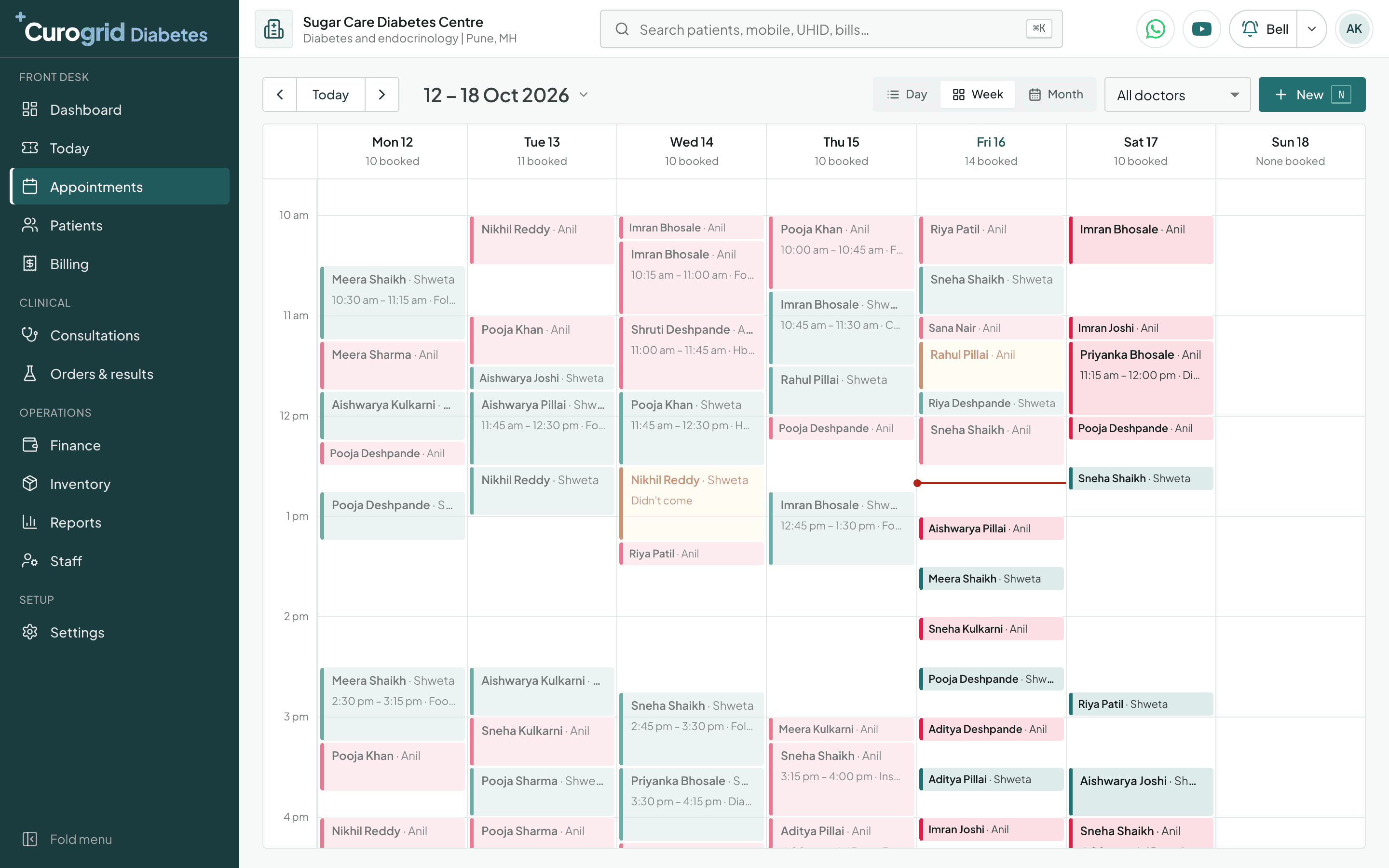 Curogrid Diabetes's appointment book for a week, each doctor's bookings in their own colour
