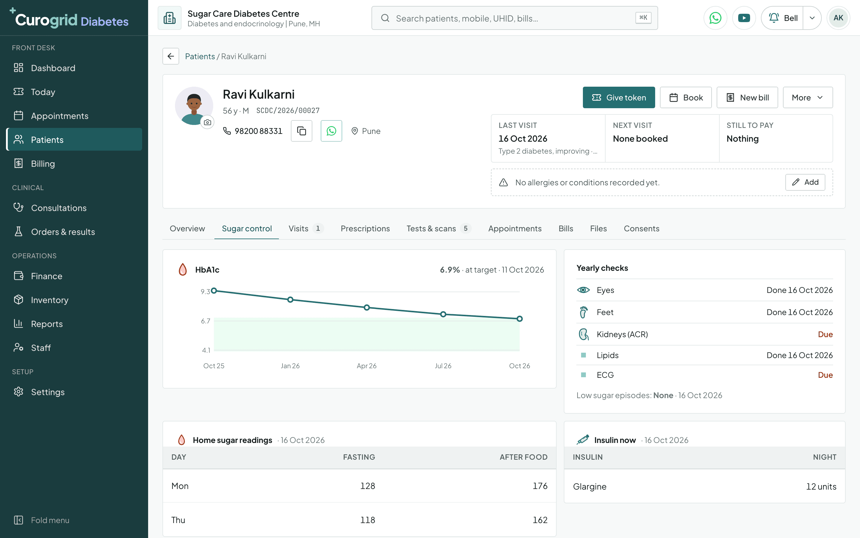 Curogrid Diabetes's Sugar control tab: HbA1c falling from 9.3 to 6.9% between October 2025 and October 2026 against the target band, at target on 11 Oct 2026; the yearly checks with eyes, feet and lipids done and kidneys and ECG due; home sugar readings and the night dose of glargine