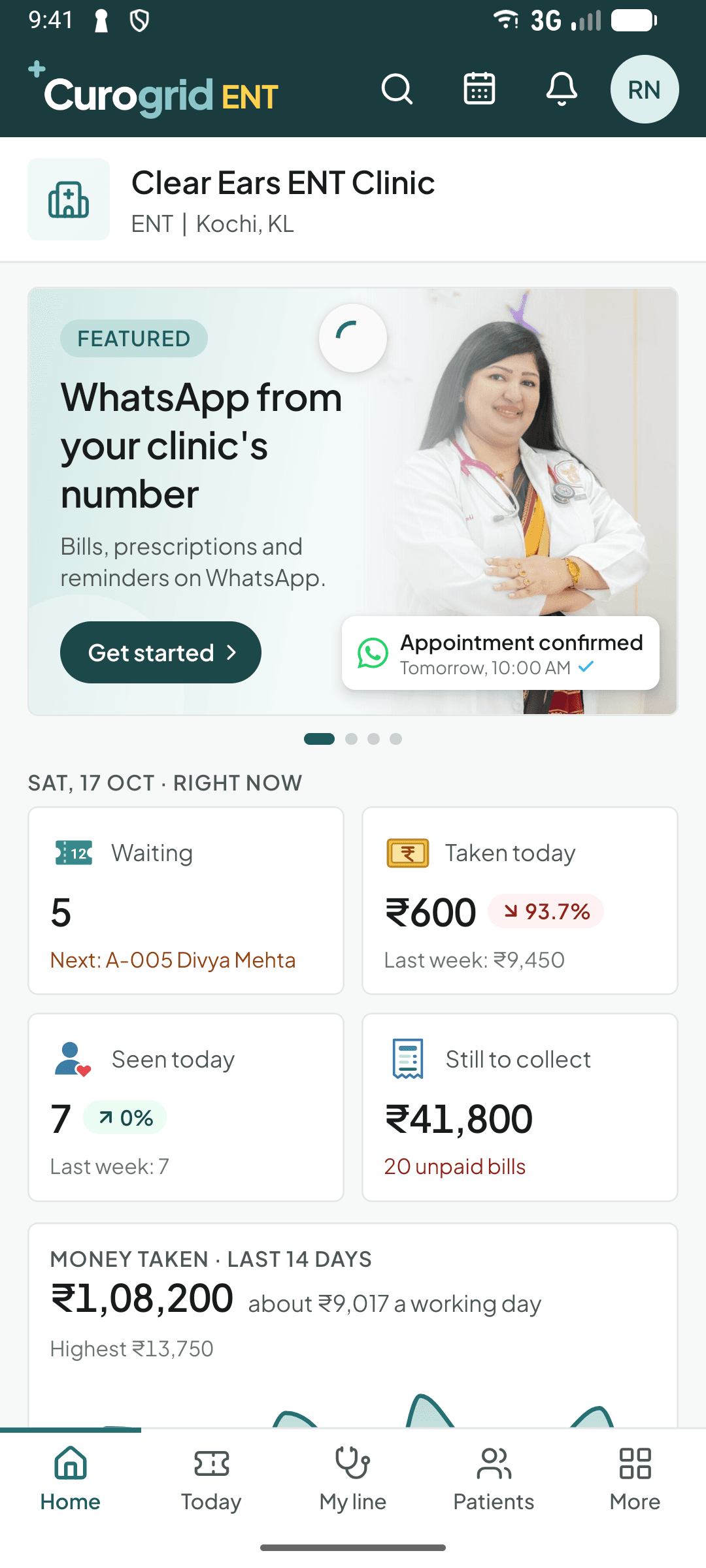 The Curogrid ENT phone app's home screen, with the clinic's numbers for right now