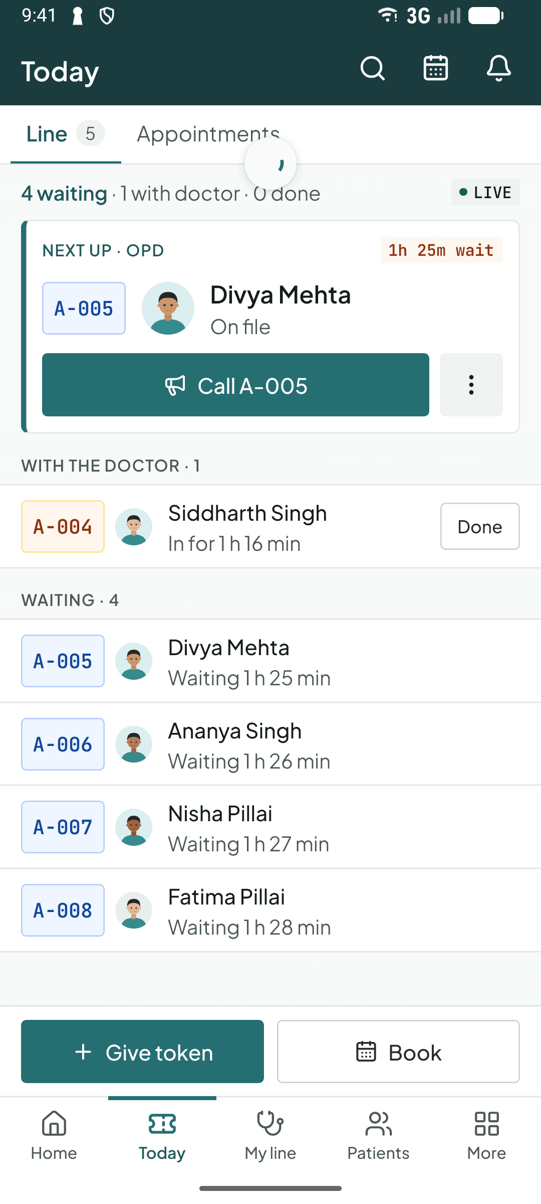 The token line in the Curogrid ENT phone app: who is next, who is with the doctor and who is waiting