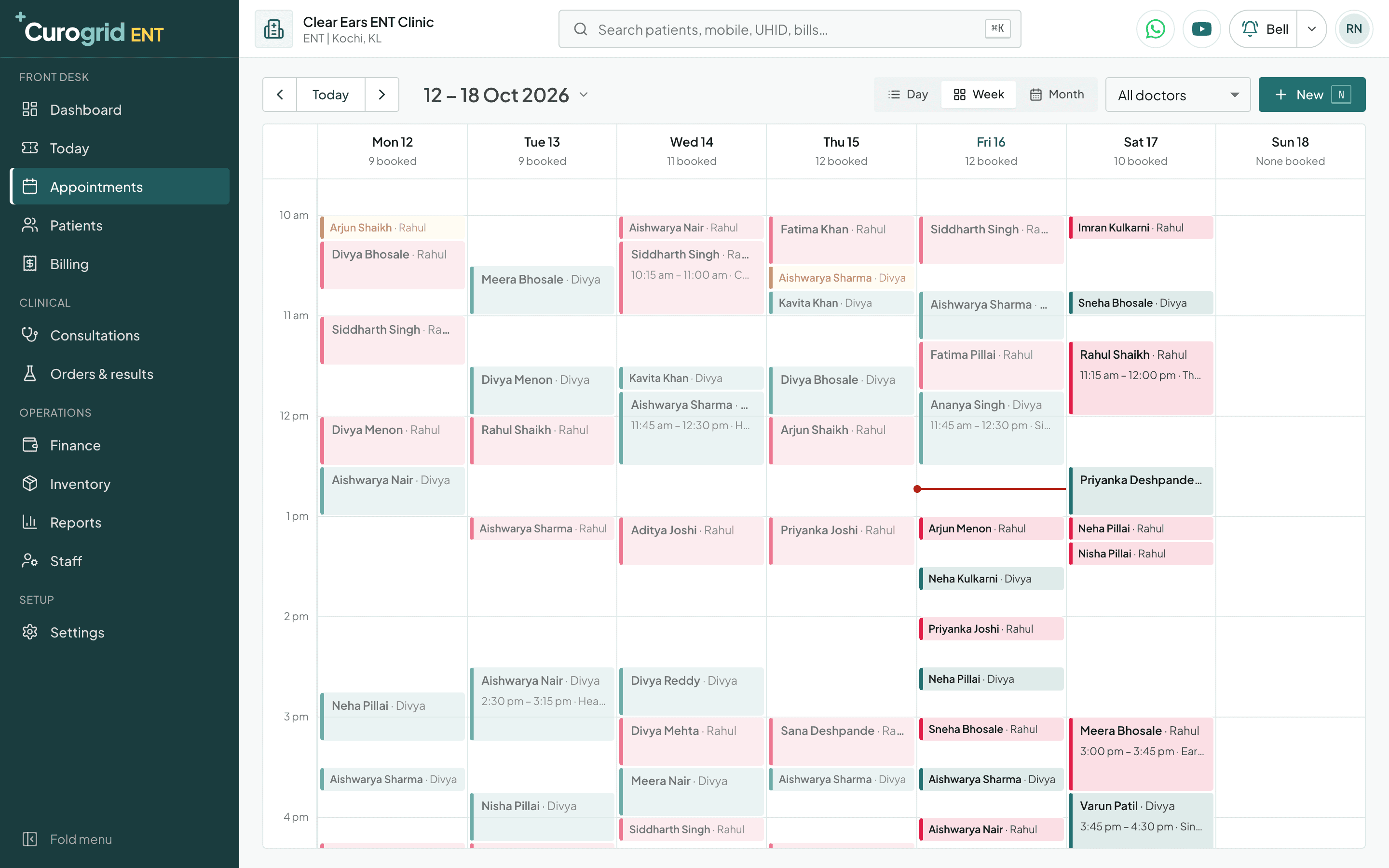 Curogrid ENT's appointment book for a week, each doctor's bookings in their own colour