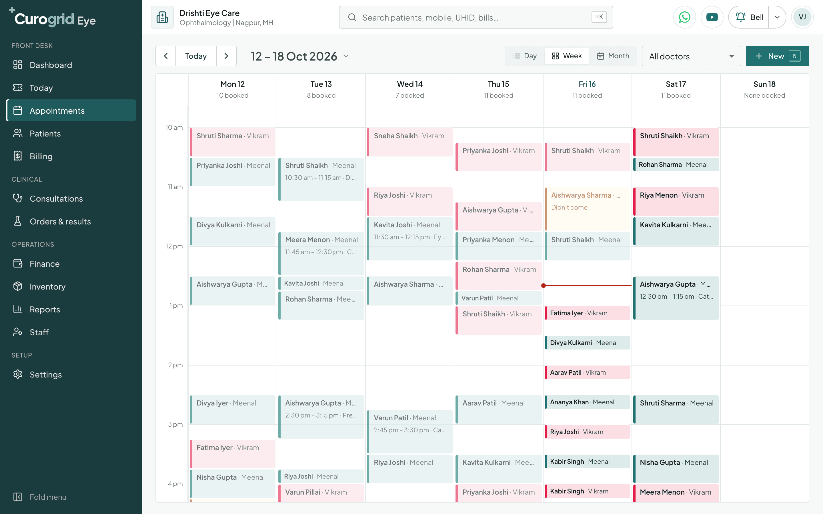 Curogrid Eye's appointment book for a week, each doctor's bookings in their own colour