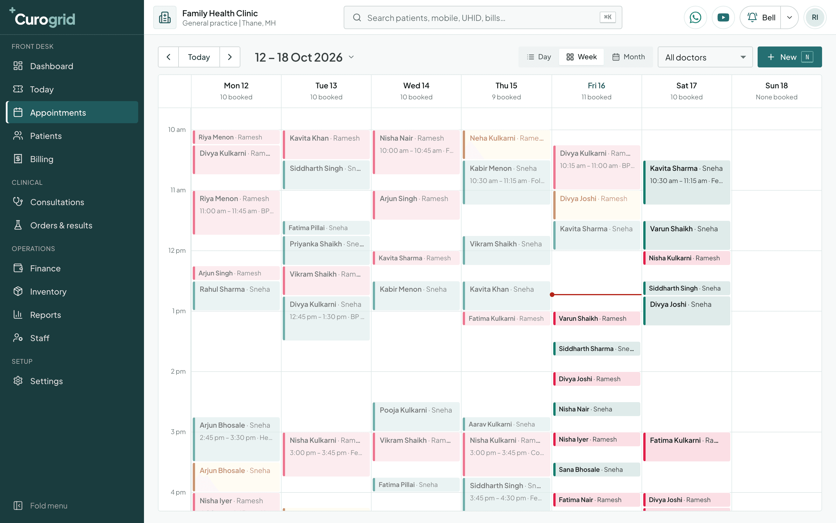 Curogrid's appointment book for a week, each doctor's bookings in their own colour