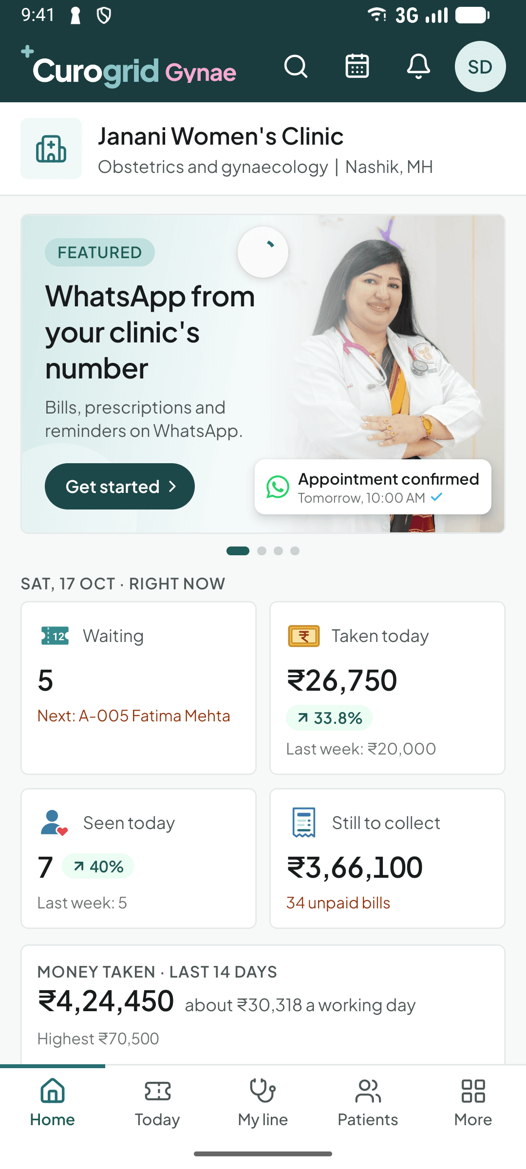 The token line in the Curogrid Gynae phone app: who is next, who is with the doctor and who is waiting