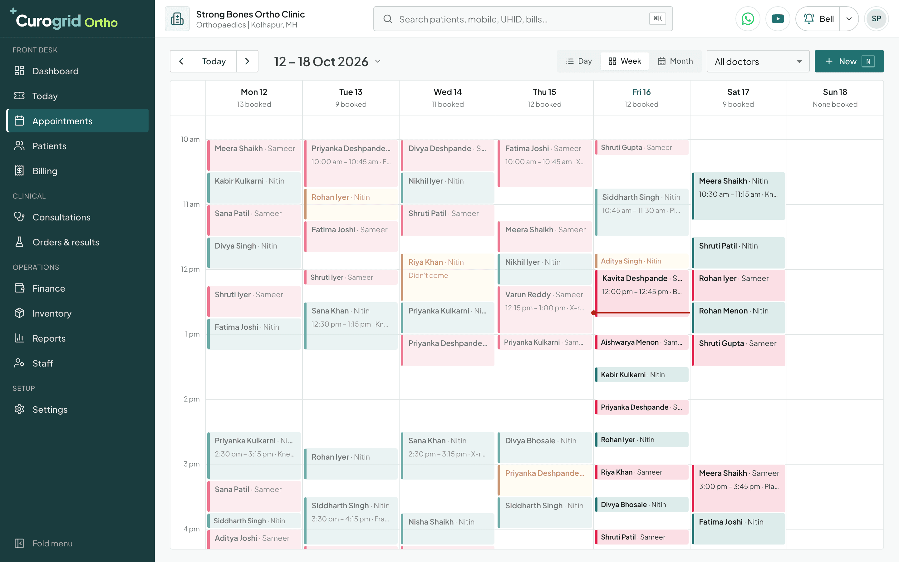 Curogrid Ortho's appointment book for a week, each doctor's bookings in their own colour