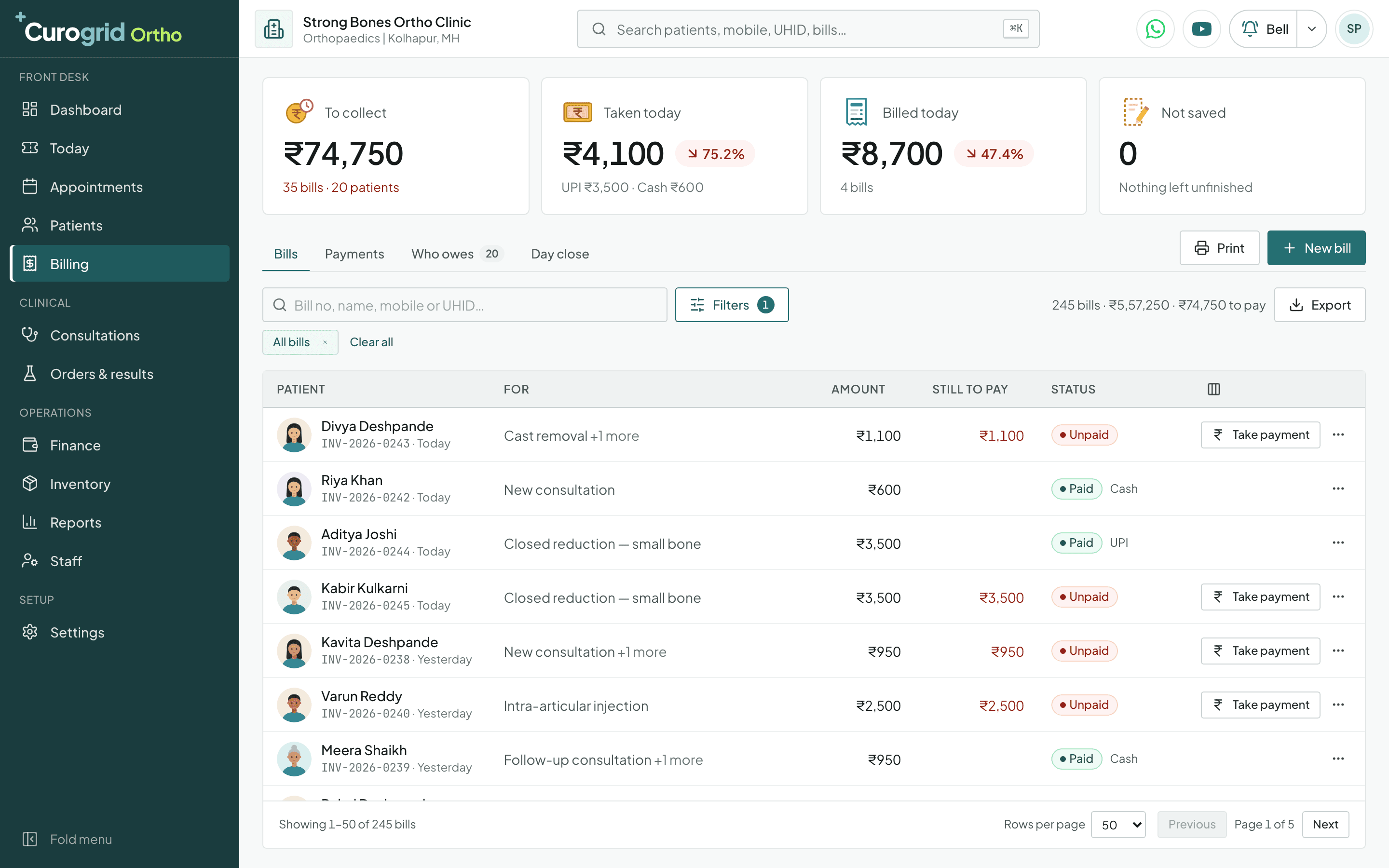 Curogrid Ortho's billing screen: money to collect, taken today by card, UPI and cash, and the clinic's bills with what is paid and what is still to pay