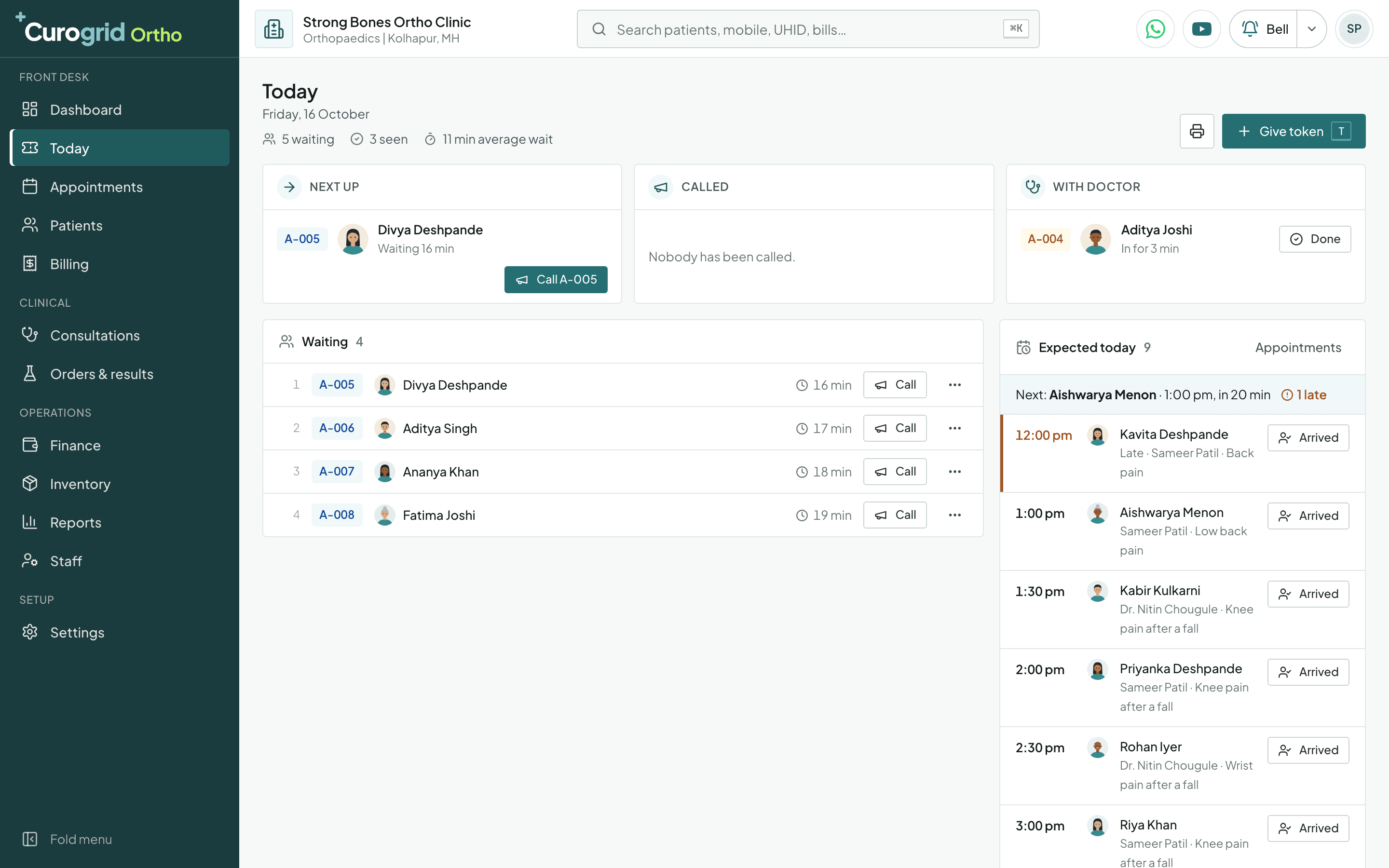 Curogrid Ortho's Today screen: patients waiting with token numbers and wait times, the patient with the doctor, and the appointments still expected today