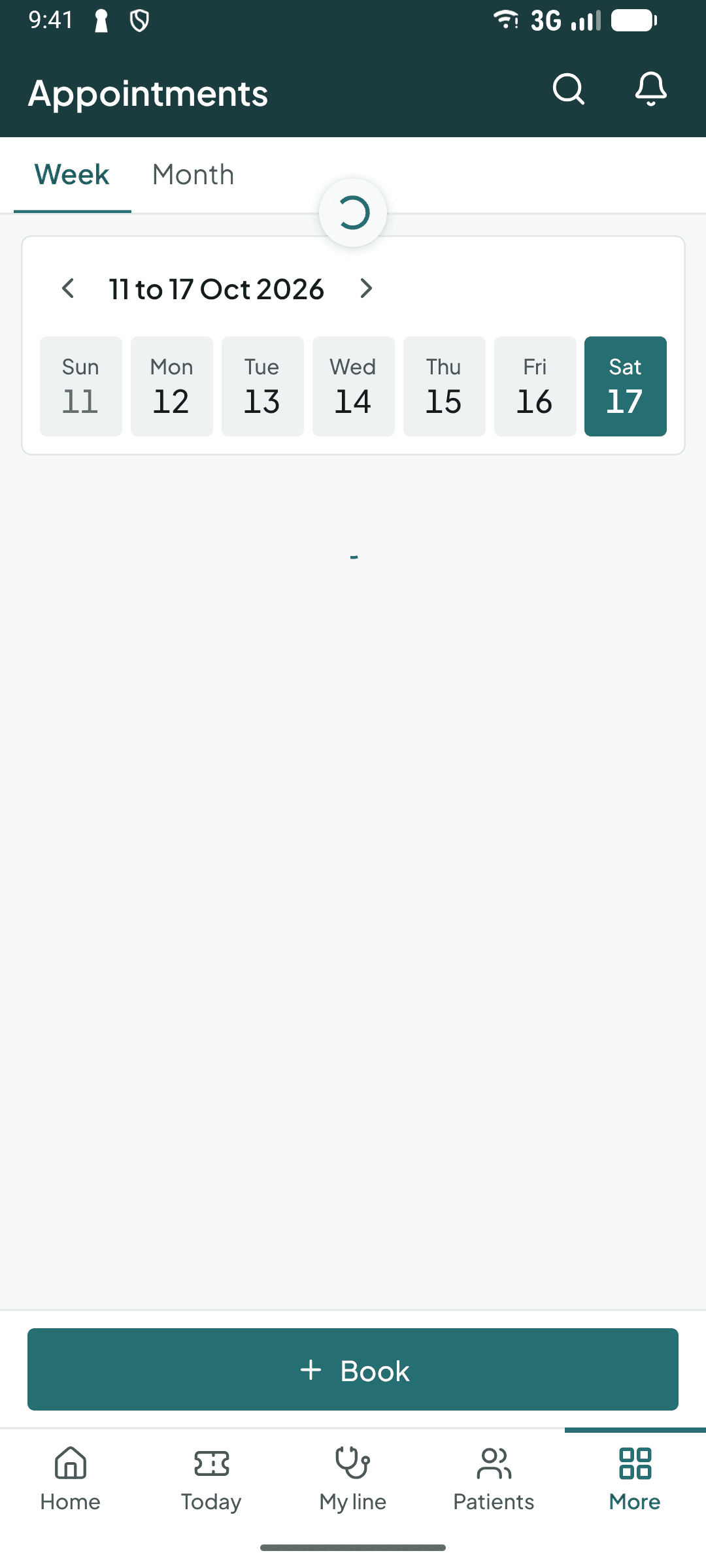 Appointments in the Curogrid Paeds phone app: a week strip with the number booked each day, and the day's bookings