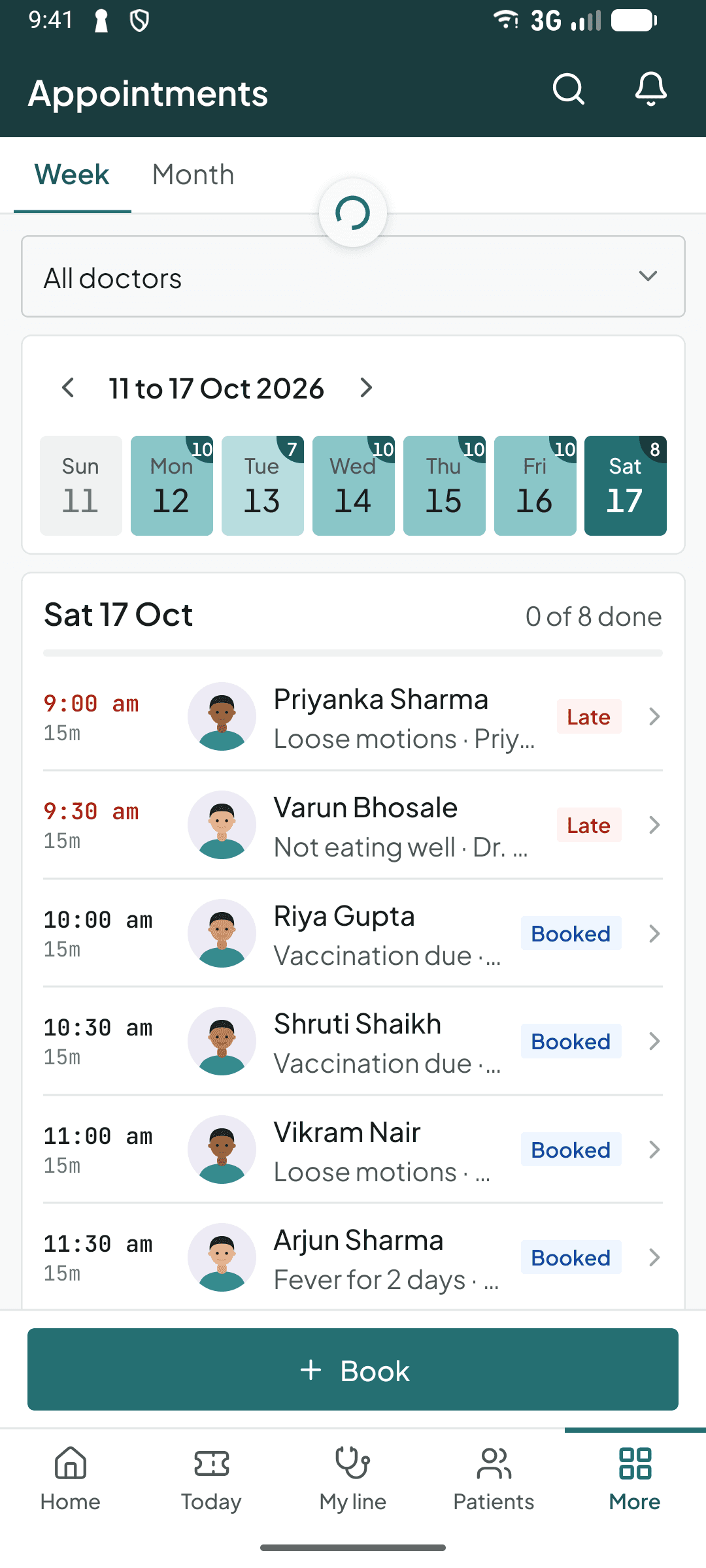Bills in the Curogrid Paeds phone app: what is still to collect, today's takings, and a Collect button on each unpaid bill