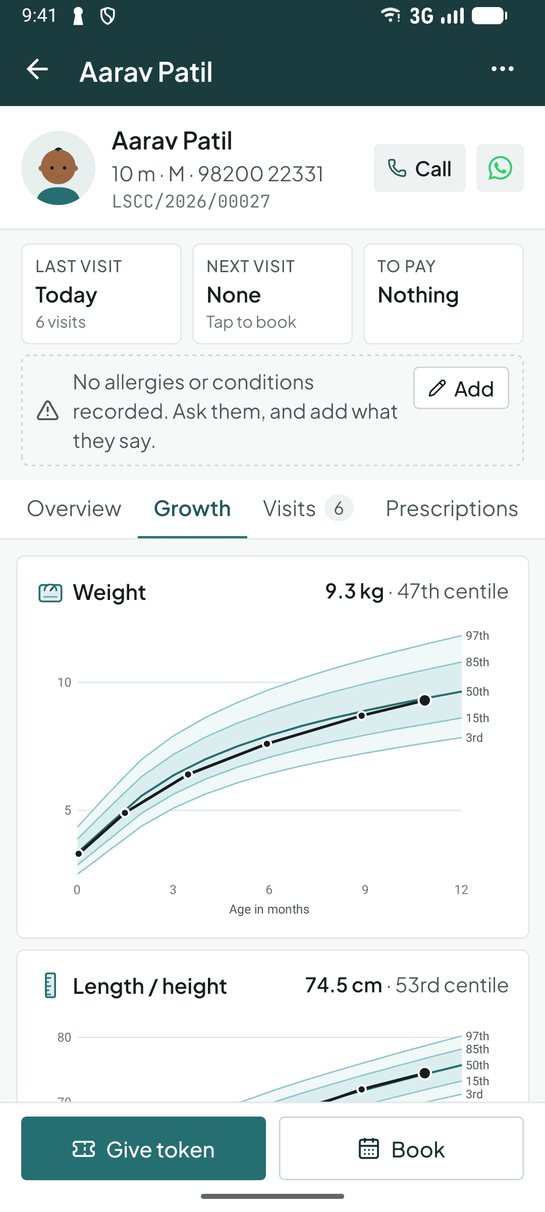 A child's WHO growth chart in the Curogrid Paeds phone app