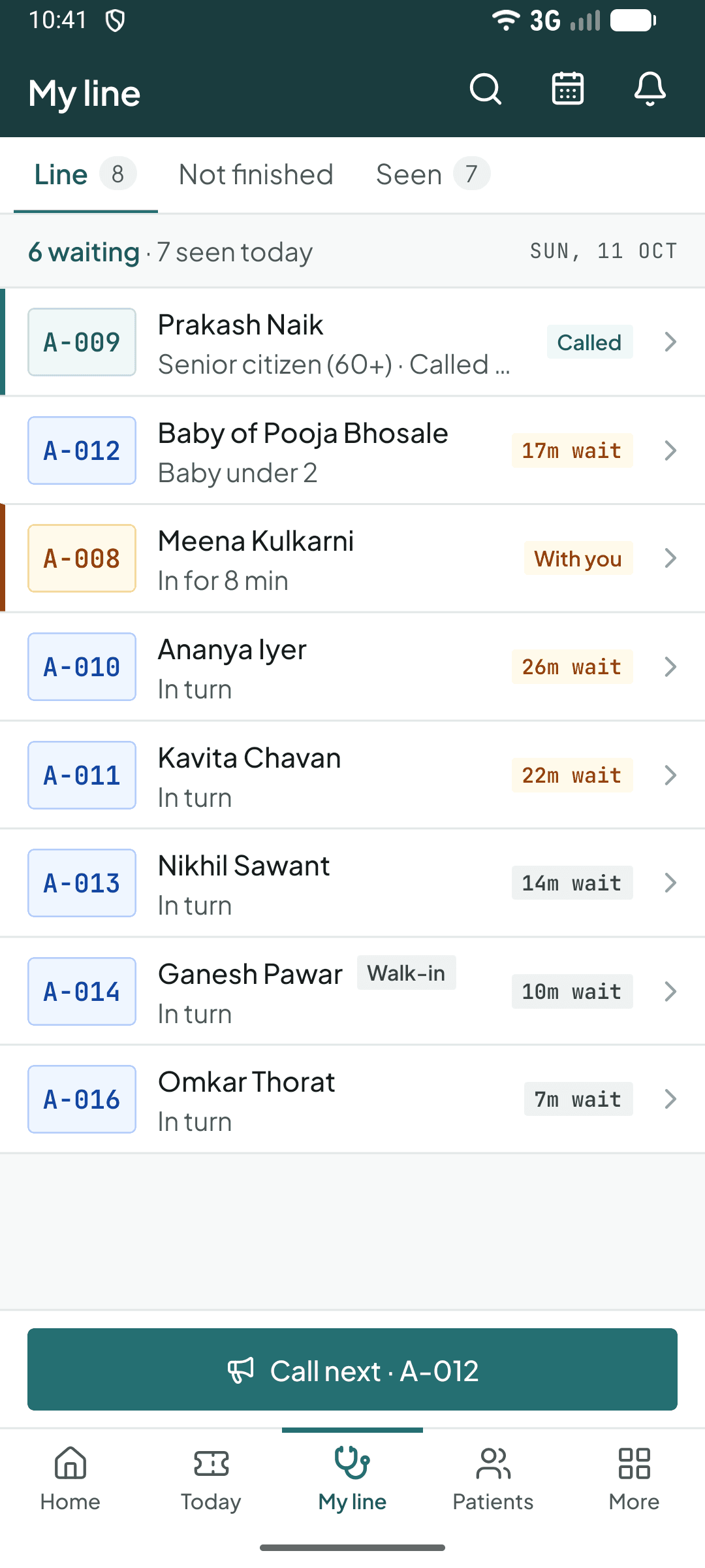 The doctor's line in the Curogrid phone app: tokens in order with wait times and a Call next button