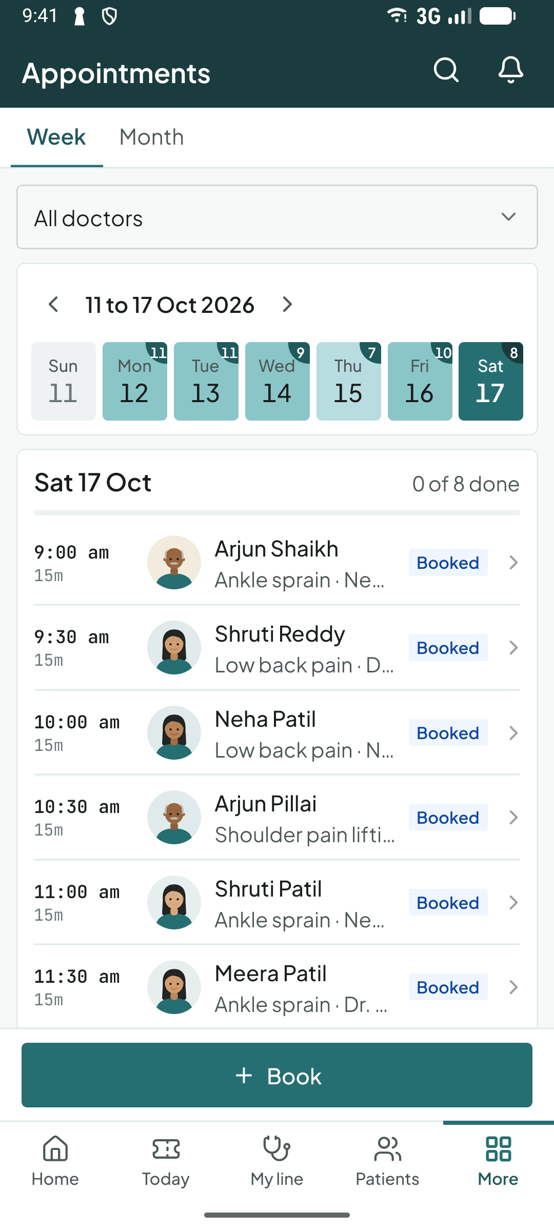 Appointments in the Curogrid Physio phone app: a week strip with the number booked each day, and the day's bookings