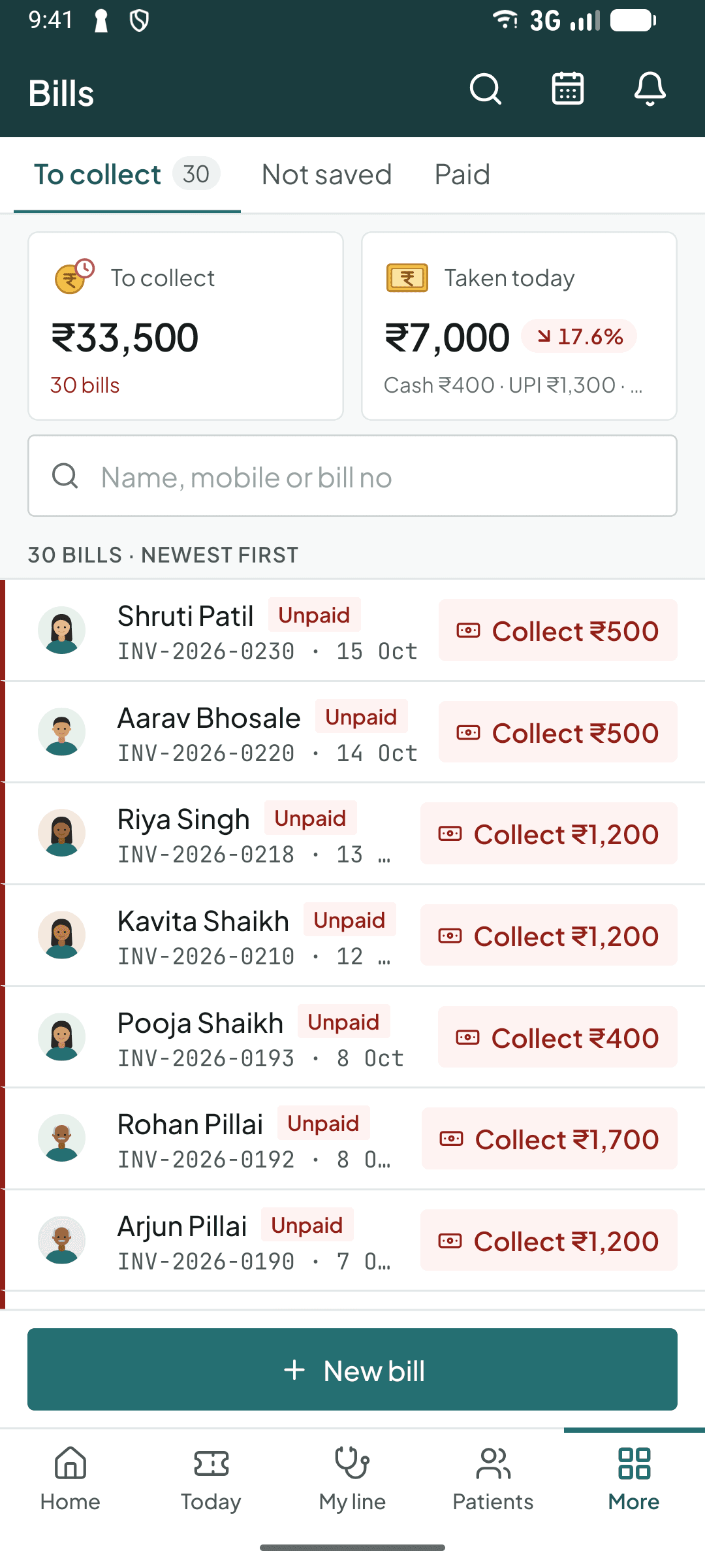 Bills in the Curogrid Physio phone app: what is still to collect, today's takings, and a Collect button on each unpaid bill