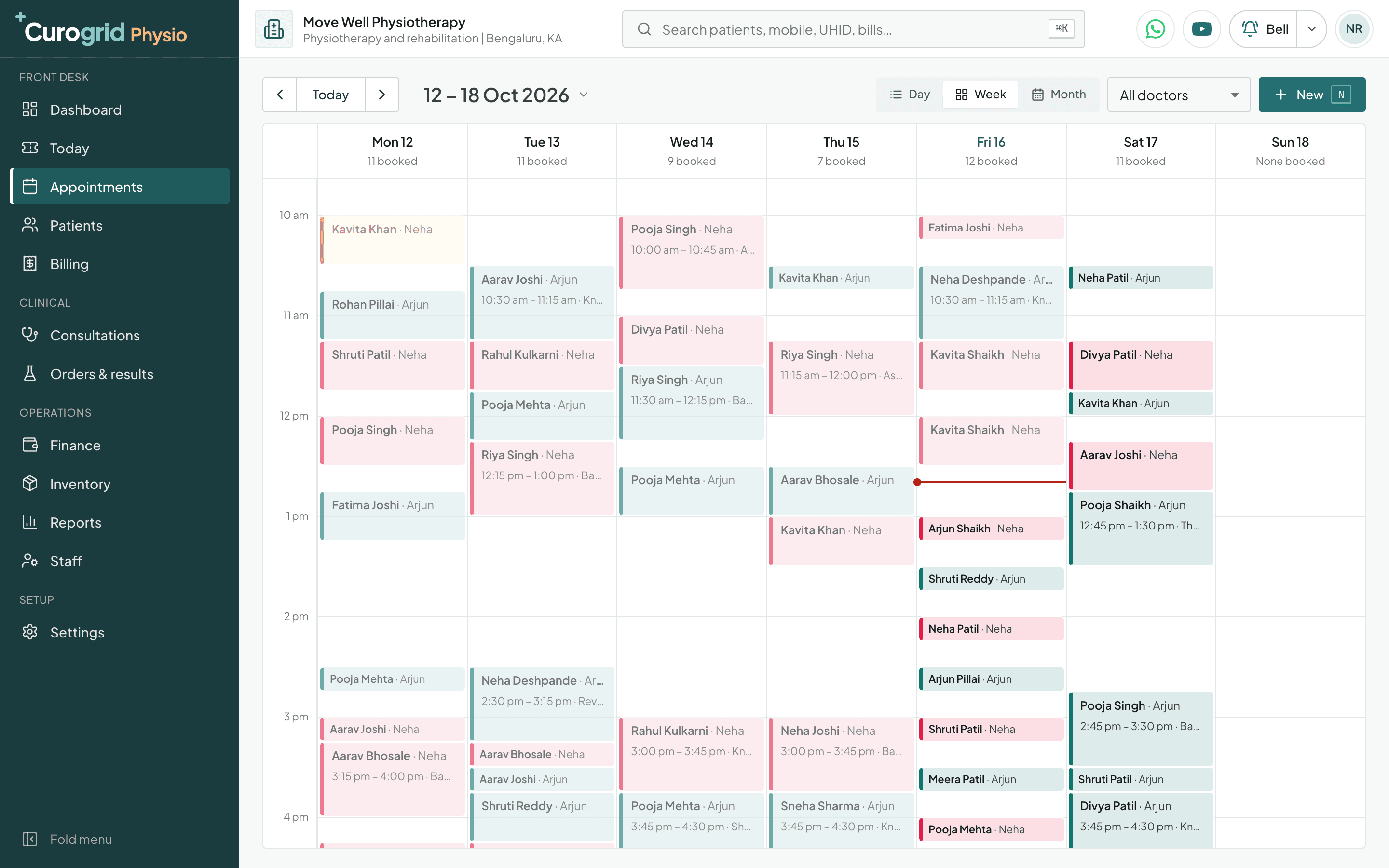 Curogrid Physio's appointment book for a week, each doctor's bookings in their own colour