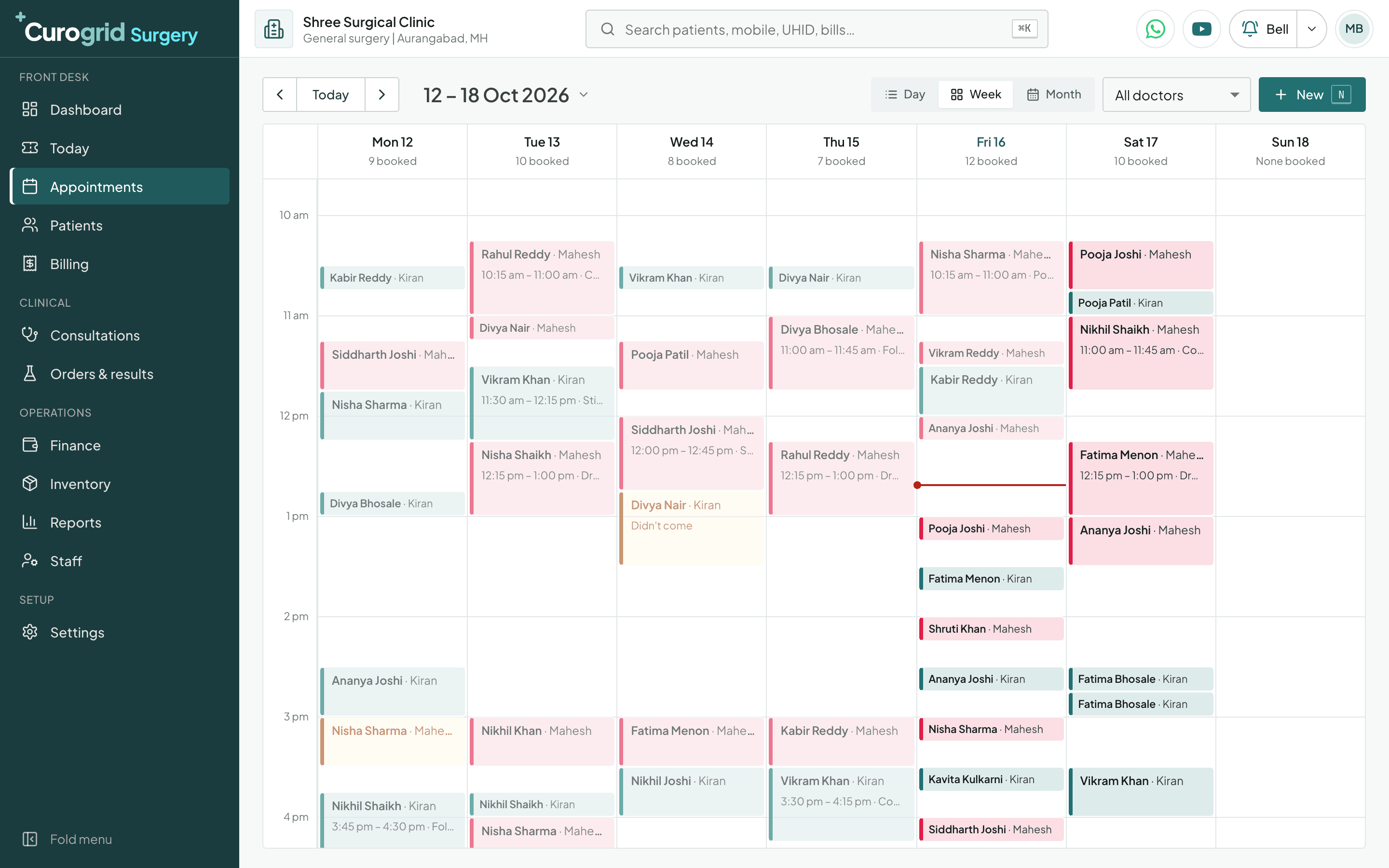 Curogrid Surgery's appointment book for a week, each doctor's bookings in their own colour