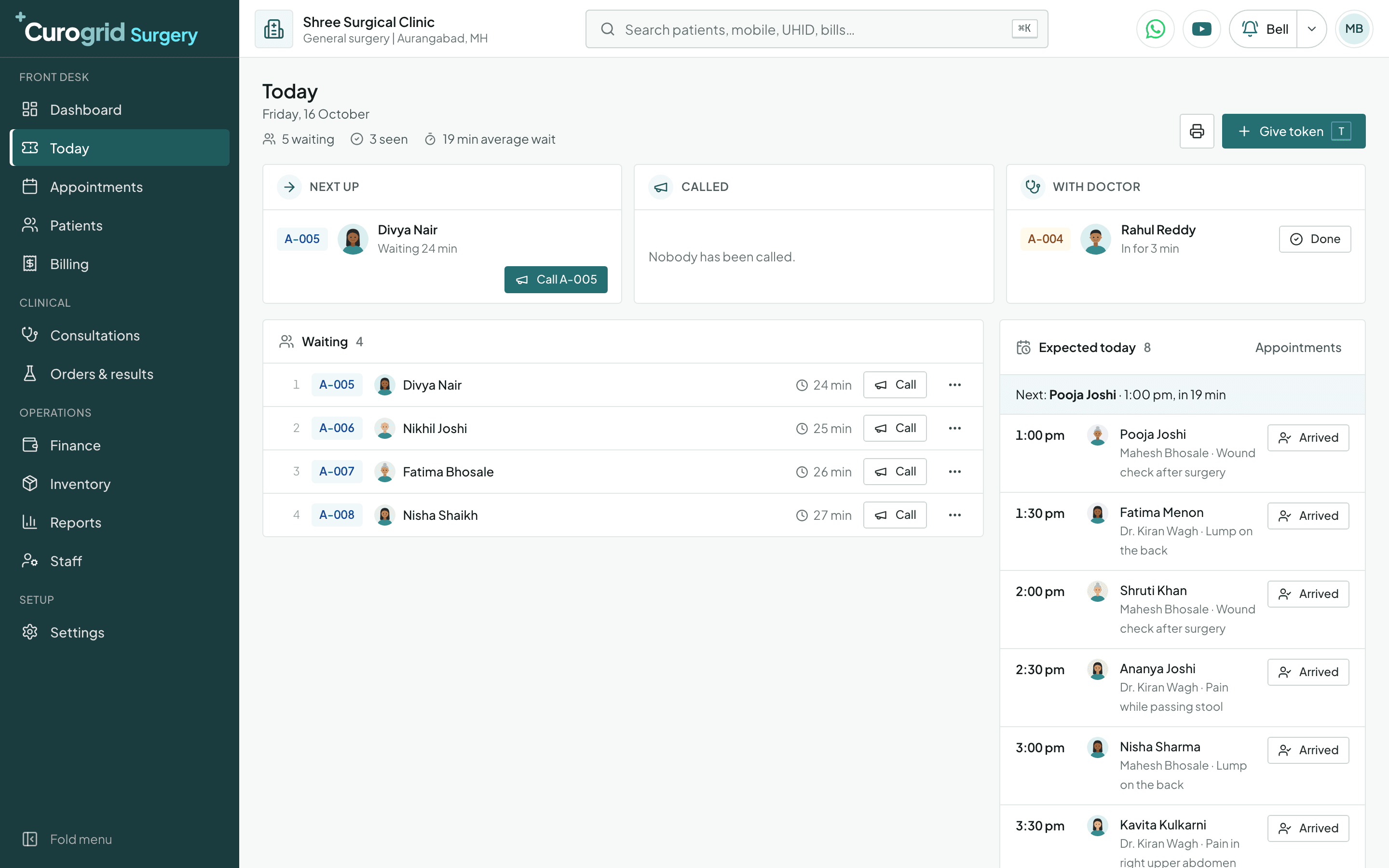 Curogrid Surgery's Today screen: patients waiting with token numbers and wait times, the patient with the doctor, and the appointments still expected today