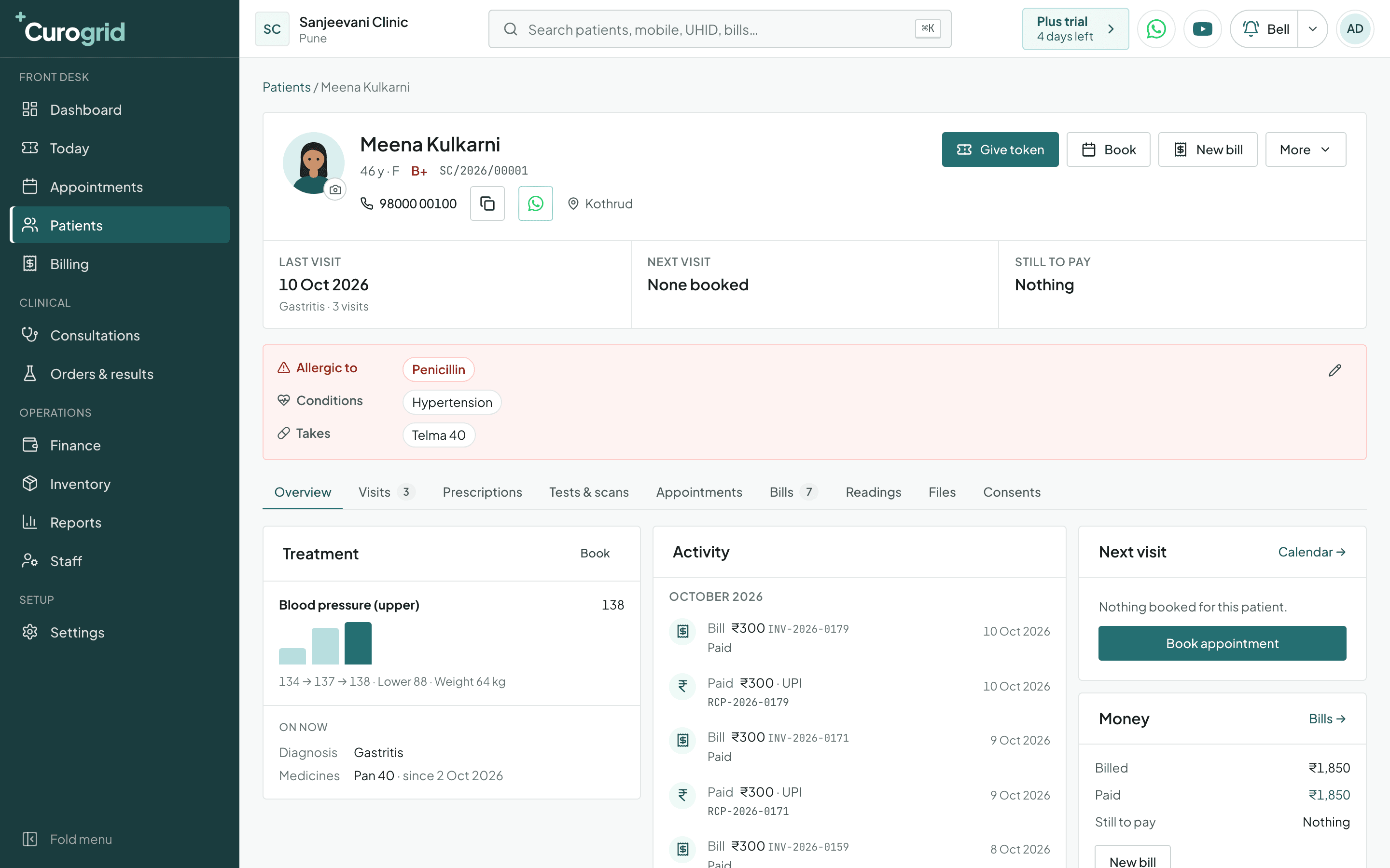 A patient's file in Curogrid: allergies and conditions at the top, blood pressure over three visits, recent bills and payments, and the next visit
